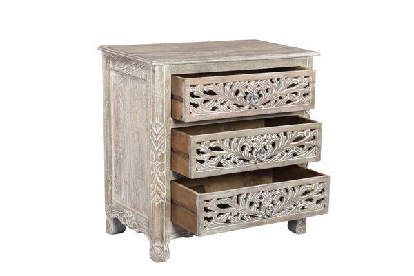 Homeroots 30" Distressed Gray Three Drawer Floral Carved Solid Wood Nightstand   521195