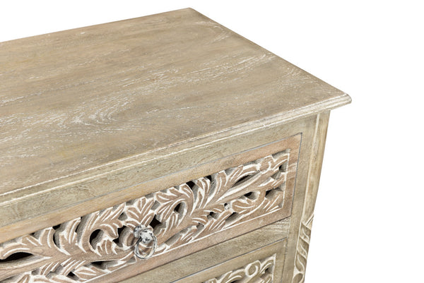 Homeroots 30" Distressed Gray Three Drawer Floral Carved Solid Wood Nightstand   521195