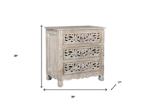 Homeroots 30" Distressed Gray Three Drawer Floral Carved Solid Wood Nightstand   521195