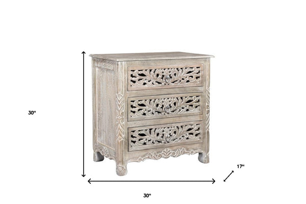 Homeroots 30" Distressed Gray Three Drawer Floral Carved Solid Wood Nightstand   521195