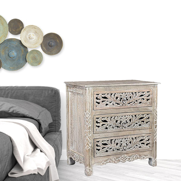 Homeroots 30" Distressed Gray Three Drawer Floral Carved Solid Wood Nightstand   521195