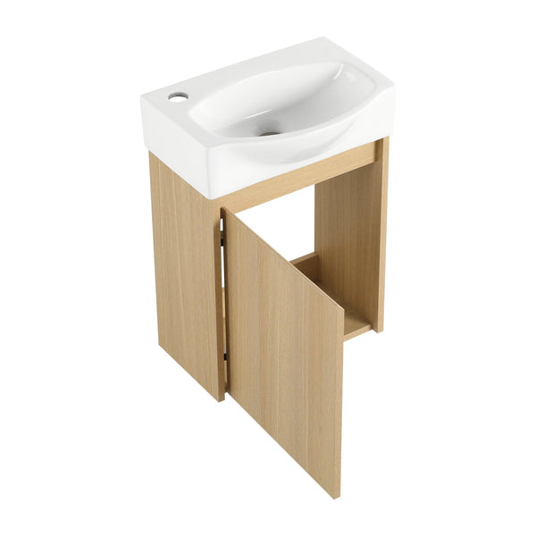 English Elm 16" Bathroom Vanity Sink Combo for Small Spaces — Compact Engineered Wood Cabinet with Ceramic Basin, Moisture-Resistant Finish and Hidden Handle, Easy Assembly Oak W1972P190339