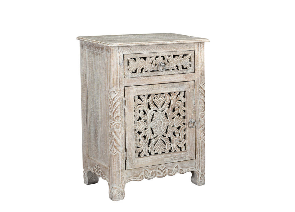 Homeroots 30" Distressed White One Drawer Floral Carved Solid Wood Nightstand   521197