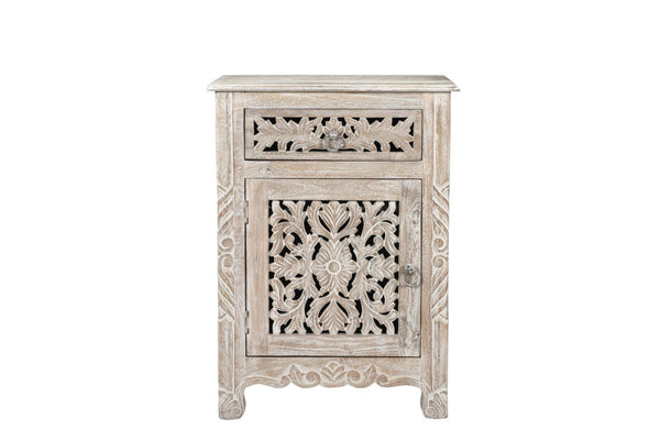 Homeroots 30" Distressed White One Drawer Floral Carved Solid Wood Nightstand   521197