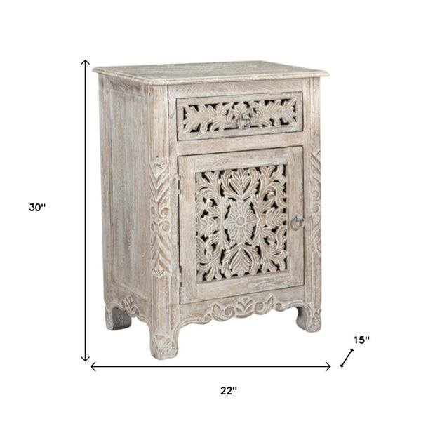 HomeRoots 30" Rustic White Solid Wood Nightstand with Drawer & Open Shelf for Timeless Bedroom Charm 521197