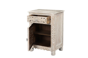Homeroots 30" Distressed White One Drawer Floral Carved Solid Wood Nightstand   521197