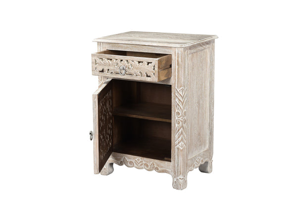 Homeroots 30" Distressed White One Drawer Floral Carved Solid Wood Nightstand   521197