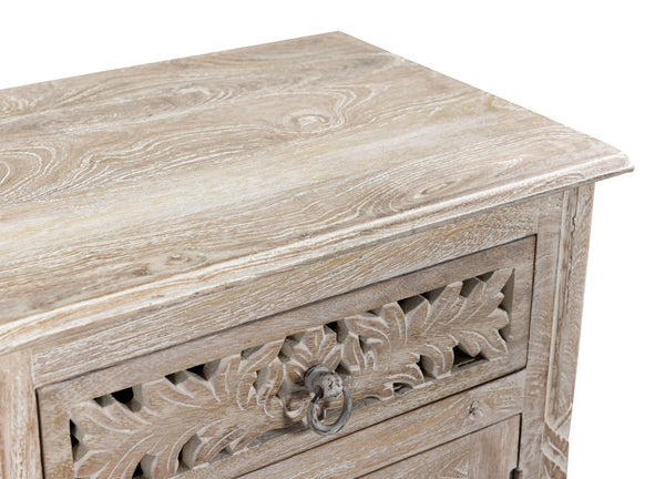 Homeroots 30" Distressed White One Drawer Floral Carved Solid Wood Nightstand   521197