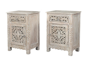 Homeroots 30" Distressed White One Drawer Floral Carved Solid Wood Nightstand   521197