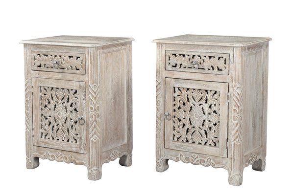 Homeroots 30" Distressed White One Drawer Floral Carved Solid Wood Nightstand   521197