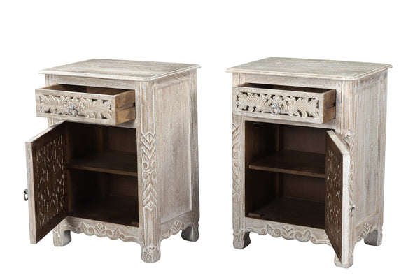 Homeroots 30" Distressed White One Drawer Floral Carved Solid Wood Nightstand   521197