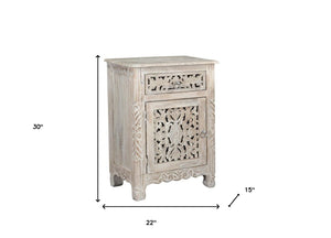 Homeroots 30" Distressed White One Drawer Floral Carved Solid Wood Nightstand   521197