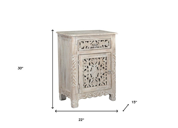 Homeroots 30" Distressed White One Drawer Floral Carved Solid Wood Nightstand   521197