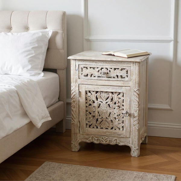 HomeRoots 30" Rustic White Solid Wood Nightstand with Drawer & Open Shelf for Timeless Bedroom Charm 521197