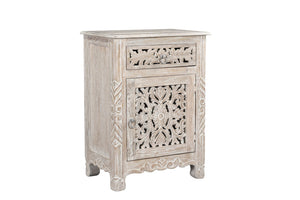 Homeroots 30" Distressed White One Drawer Carved Floral Solid Wood Nightstand   521198