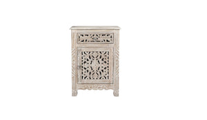 Homeroots 30" Distressed White One Drawer Carved Floral Solid Wood Nightstand   521198