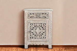 Homeroots 30" Distressed White One Drawer Carved Floral Solid Wood Nightstand   521198