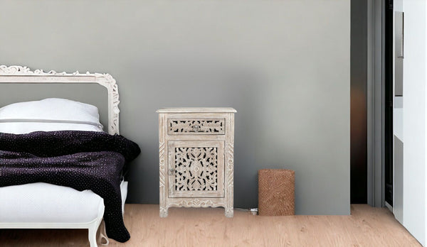 Homeroots 30" Distressed White One Drawer Carved Floral Solid Wood Nightstand   521198