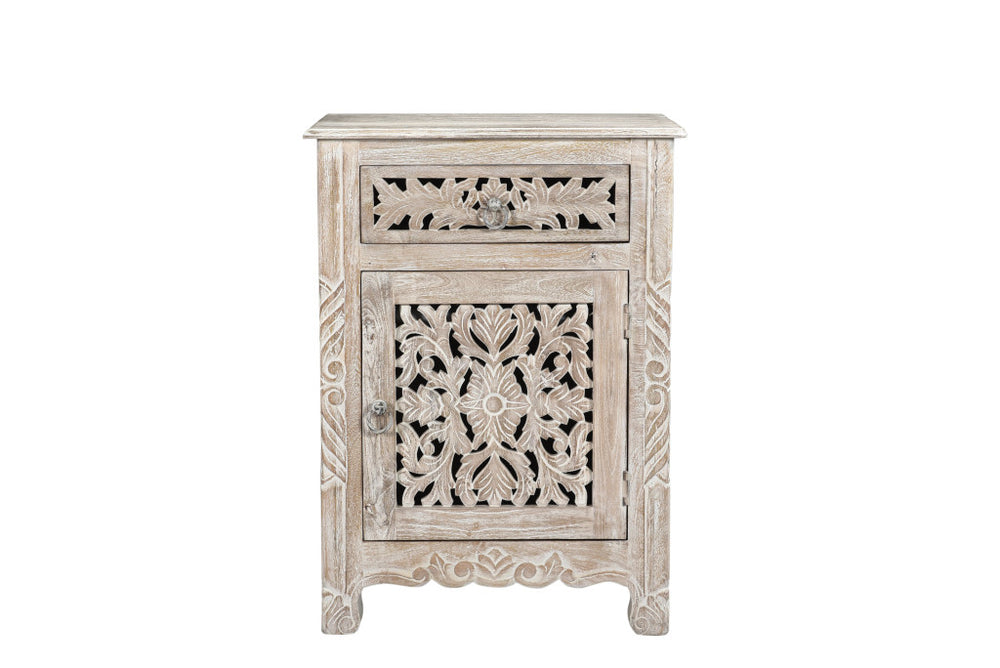 Homeroots 30" Distressed White One Drawer Carved Floral Solid Wood Nightstand   521198