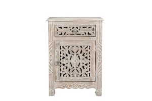 Homeroots 30" Distressed White One Drawer Carved Floral Solid Wood Nightstand   521198