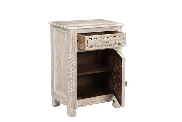 Homeroots 30" Distressed White One Drawer Carved Floral Solid Wood Nightstand   521198