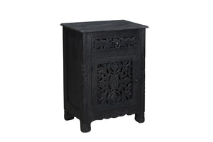 Homeroots 30" Distressed Black One Drawer Floral Carved Solid Wood Nightstand   521199