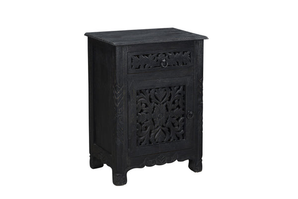 Homeroots 30" Distressed Black One Drawer Floral Carved Solid Wood Nightstand   521199
