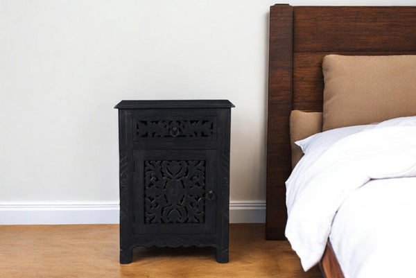 HomeRoots 30" Black Solid Wood Nightstand - Distressed Rustic Charm with Drawer & Shelf for Versatile Storage 521199