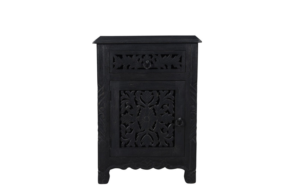 Homeroots 30" Distressed Black One Drawer Floral Carved Solid Wood Nightstand   521199