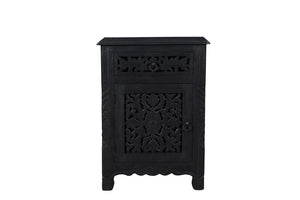 Homeroots 30" Distressed Black One Drawer Floral Carved Solid Wood Nightstand   521199