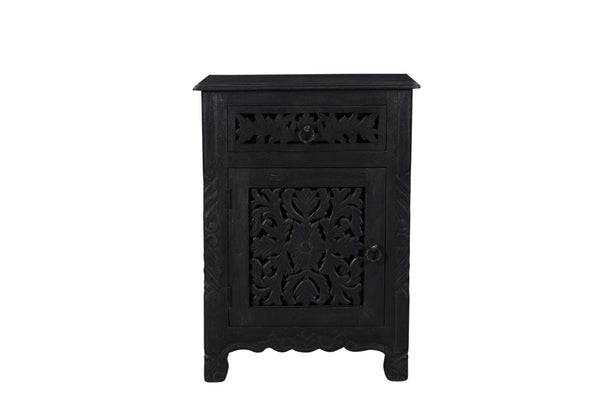 Homeroots 30" Distressed Black One Drawer Floral Carved Solid Wood Nightstand   521199