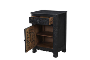 Homeroots 30" Distressed Black One Drawer Floral Carved Solid Wood Nightstand   521199