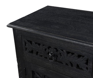 Homeroots 30" Distressed Black One Drawer Floral Carved Solid Wood Nightstand   521199