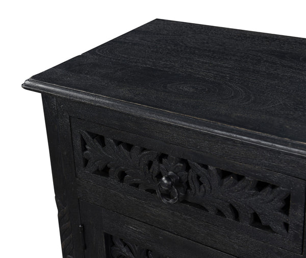 Homeroots 30" Distressed Black One Drawer Floral Carved Solid Wood Nightstand   521199