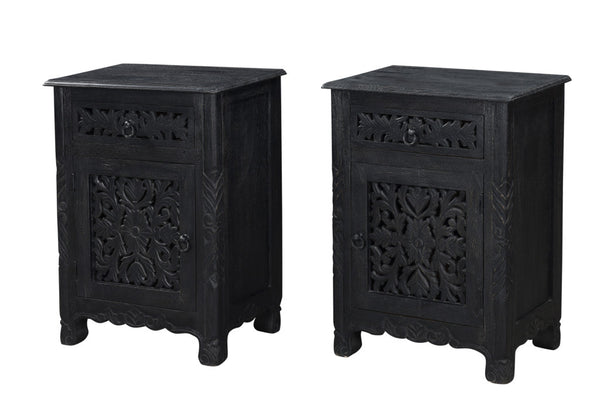Homeroots 30" Distressed Black One Drawer Floral Carved Solid Wood Nightstand   521199