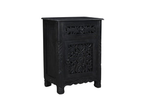 Homeroots 30" Distressed Black One Drawer Carved Floral Solid Wood Nightstand   521200