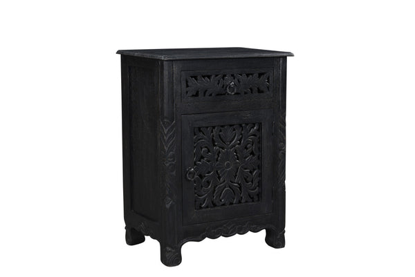 Homeroots 30" Distressed Black One Drawer Carved Floral Solid Wood Nightstand   521200