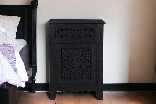 Homeroots 30" Distressed Black One Drawer Carved Floral Solid Wood Nightstand   521200