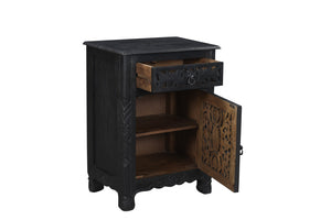Homeroots 30" Distressed Black One Drawer Carved Floral Solid Wood Nightstand   521200