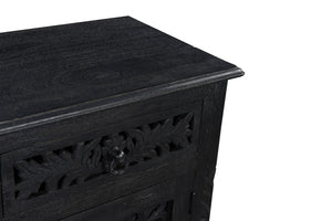 Homeroots 30" Distressed Black One Drawer Carved Floral Solid Wood Nightstand   521200