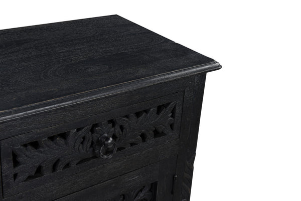 Homeroots 30" Distressed Black One Drawer Carved Floral Solid Wood Nightstand   521200