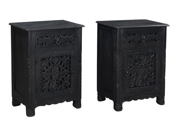 Homeroots 30" Distressed Black One Drawer Carved Floral Solid Wood Nightstand   521200