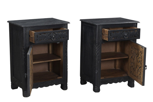 Homeroots 30" Distressed Black One Drawer Carved Floral Solid Wood Nightstand   521200