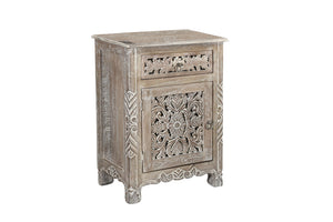 Homeroots 30" Distressed Gray One Drawer Carved Floral Solid Wood Nightstand   521201
