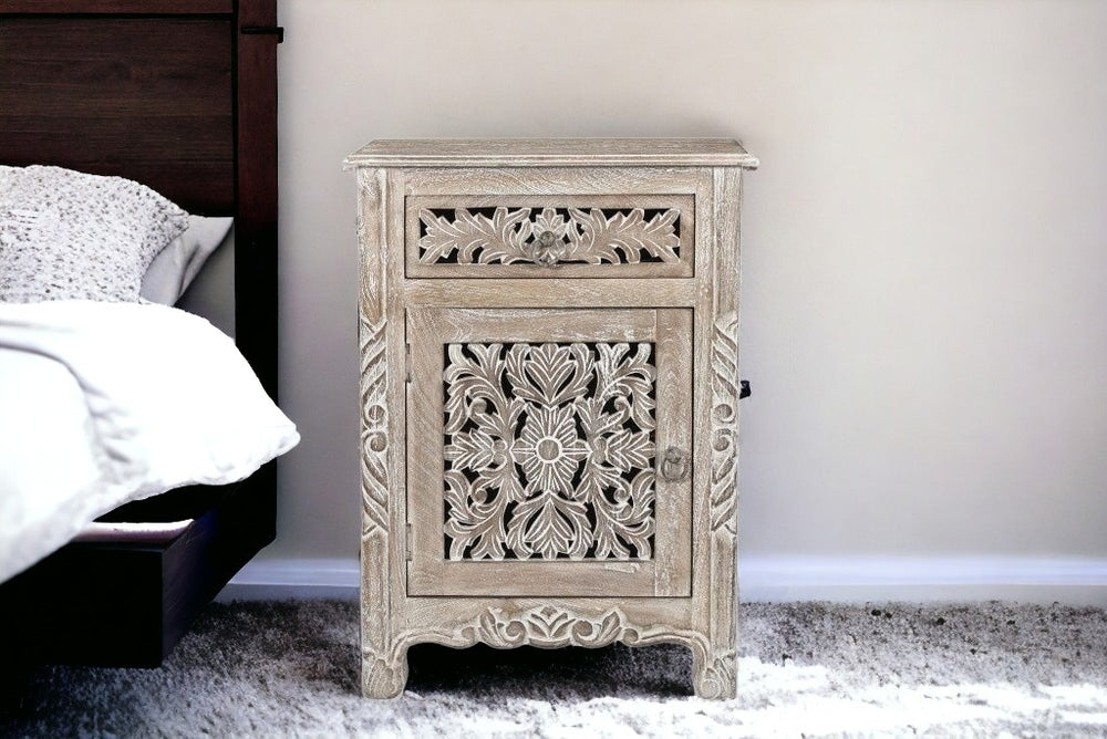 Homeroots 30" Distressed Gray One Drawer Carved Floral Solid Wood Nightstand   521201