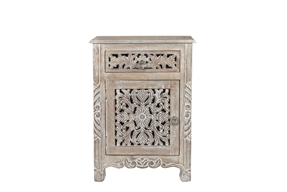 Homeroots 30" Distressed Gray One Drawer Carved Floral Solid Wood Nightstand   521201