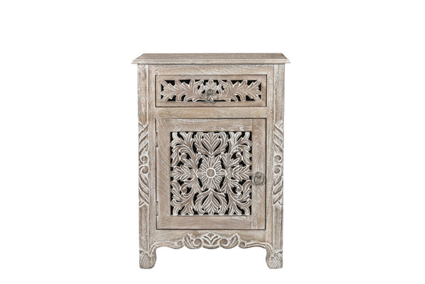 Homeroots 30" Distressed Gray One Drawer Carved Floral Solid Wood Nightstand   521201