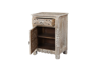 Homeroots 30" Distressed Gray One Drawer Carved Floral Solid Wood Nightstand   521201