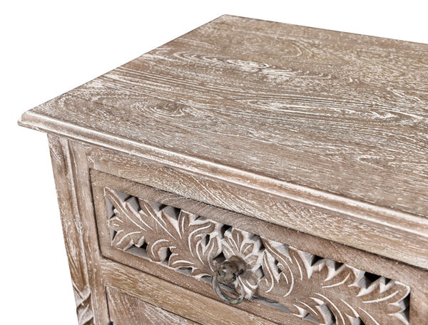 Homeroots 30" Distressed Gray One Drawer Carved Floral Solid Wood Nightstand   521201