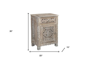Homeroots 30" Distressed Gray One Drawer Carved Floral Solid Wood Nightstand   521201